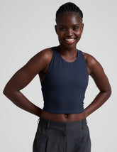 blue high-neck ribbed cropped racerback tank.