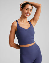 blue ribbed cropped tank with a soft front and back v neckline.