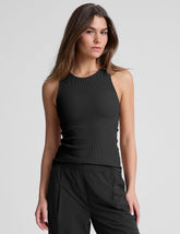 black ribbed high-neck, racerback, classic length tank top.
