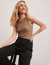 brown ribbed high-neck classic length tank top.