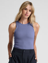 blue ribbed high-neck tank top.