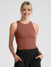 red high-neck ribbed racerback tank.