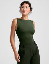 green boat neck tank top with a square back neckline.