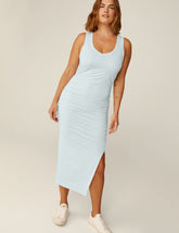 blue v-neck midi dress with a front side slit.