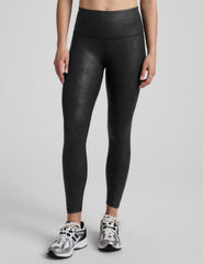 black faux leather high-waisted midi leggings.