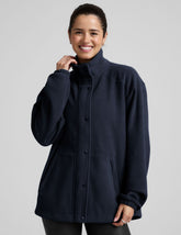 blue fleece button up jacket with a full front zip and snap closures and pockets.