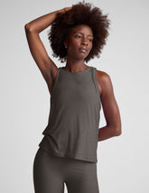 gray loose-fitting lightweight tank top with a high front neckline.