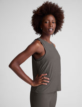 gray loose-fitting lightweight tank top with a high front neckline.