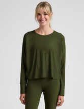 green scoop neck long sleeve relaxed fit top.