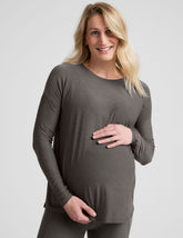grey crew-neck long sleeve maternity top.