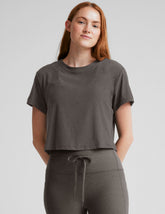 gray cropped short sleeve top.