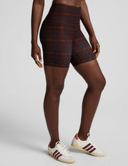 red plaid printed high-waisted 5" biker shorts.
