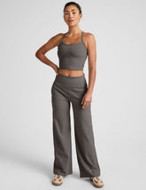 grey high-waisted wide leg pants with pockets.