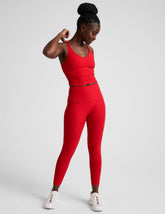 red high-waisted capri length leggings.
