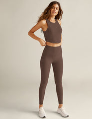 brown high-waisted midi leggings.