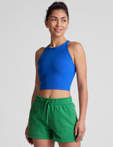 blue high-neck racerback cropped length tank top.