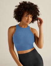 blue high-neck racerback cropped tank.