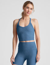 blue v-neck cropped tank top with a high racerback.