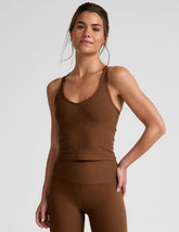 brown v-neck tank top with a back crossover back detail.