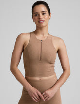 front image of a brown racerback cropped tank with a half zip up detail in front.