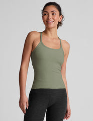 green midway length racerback tank top with adjustable thin straps.