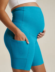 blue spacedye 7" inseam maternity biker shorts with pockets.