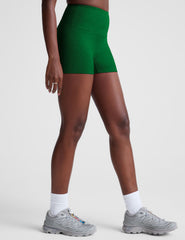 green high-waisted 3" inseam biker shorts.
