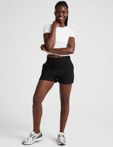 black 3" inseam shorts with pockets.