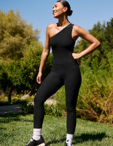 black midi one-shoulder midi length jumpsuit.