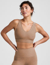 brown long line style bra with a front and back v-neck.