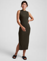 green midi tank dress with side slits and a mock neckline.