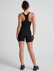 black racerback 5" inseam tank jumpsuit with a front V neckline with overlapping detail. 