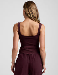 red boat neck tank top with a square back neckline.