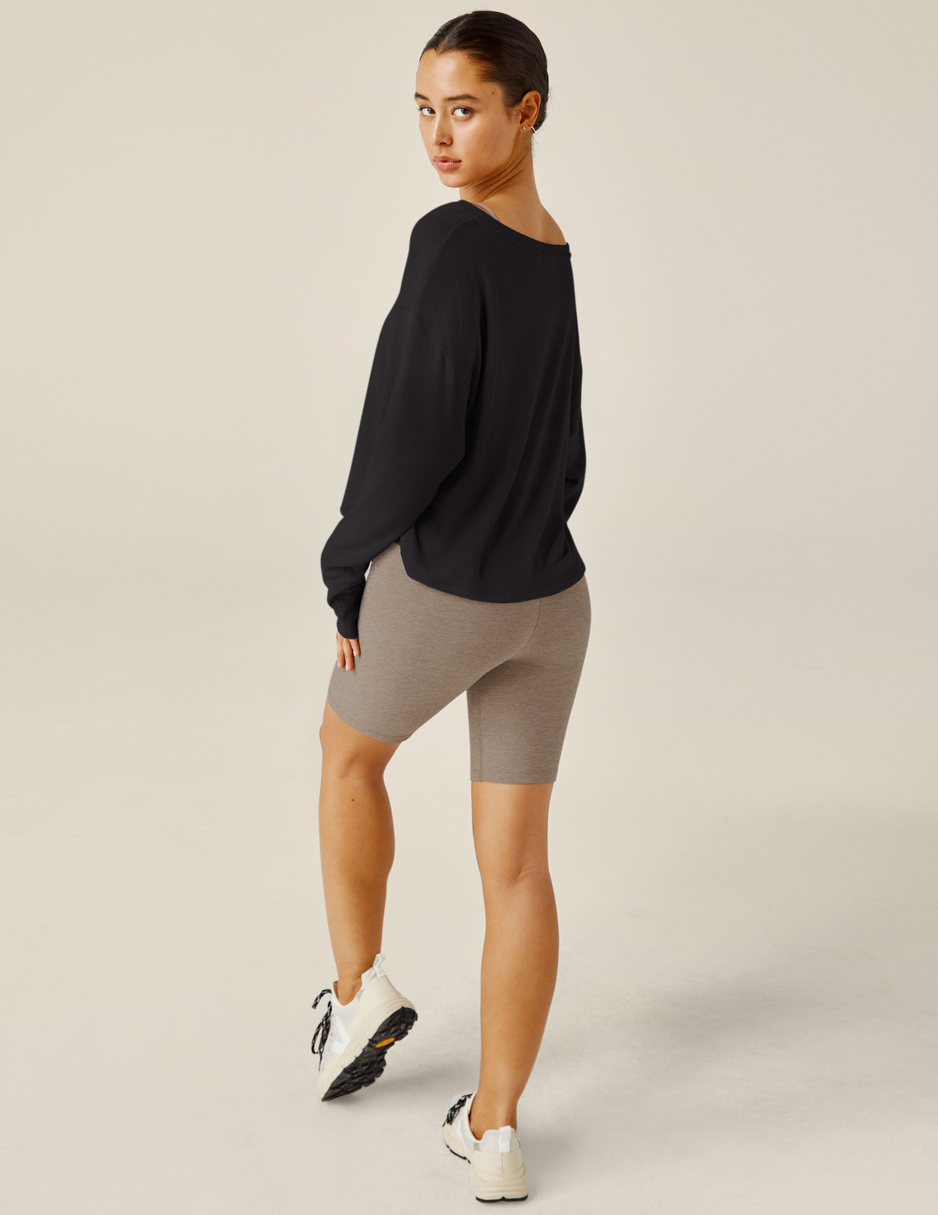 black wide scoop neck long sleeve sweater.