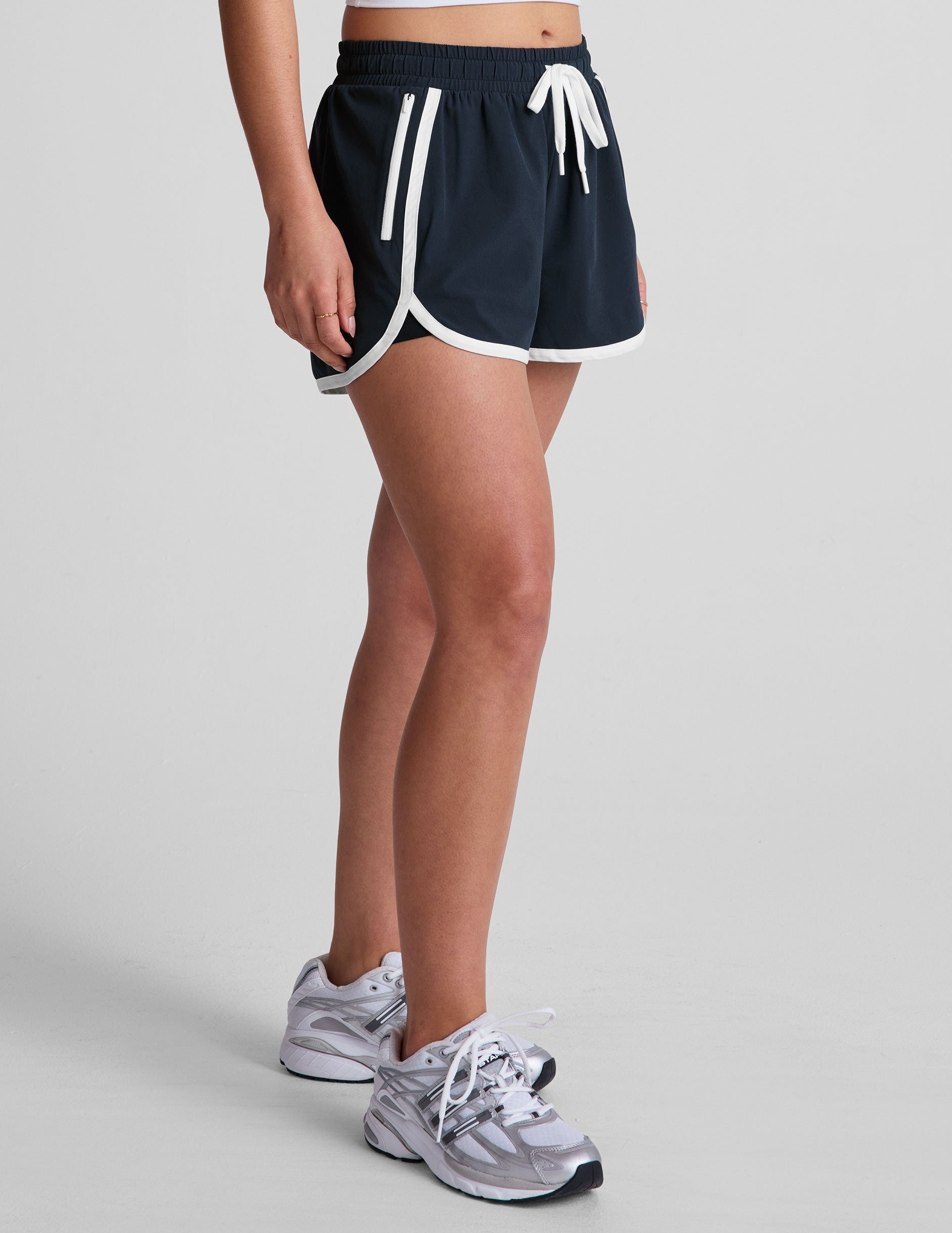 blue 2.5" inseam shorts with a drawcord at waistband and an interior lining. 