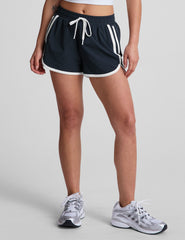 blue 2.5" inseam shorts with a drawcord at waistband and an interior lining. 