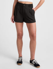 black 4" inseam shorts with an elastic waistband with belt loops​ and side seam pockets. 