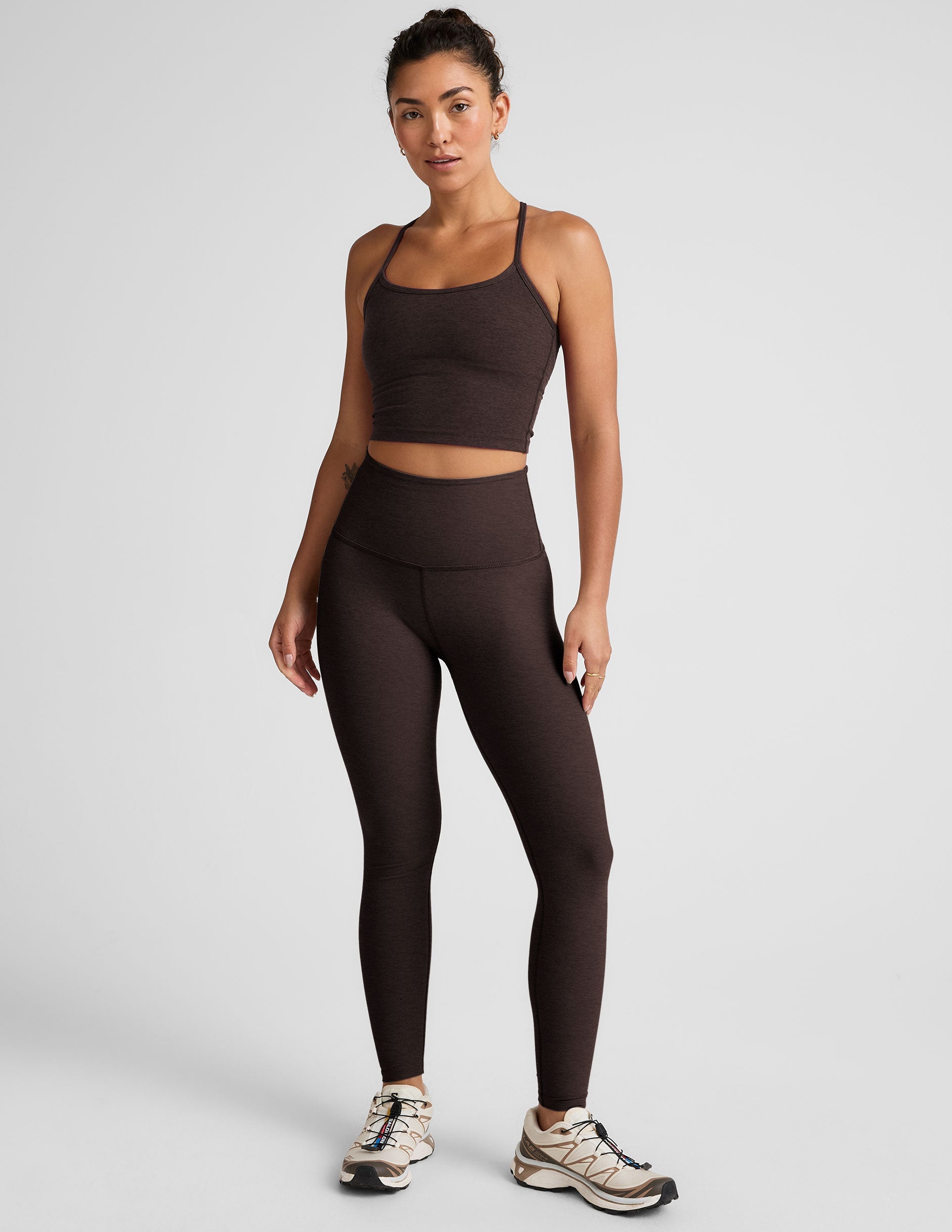 brown racerback cropped tank with slim straps.