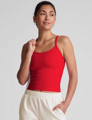 red waist length slim strapped racerback tank.