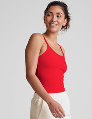 red waist length slim strapped racerback tank.