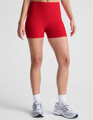 red high-waisted 3" length biker shorts. 