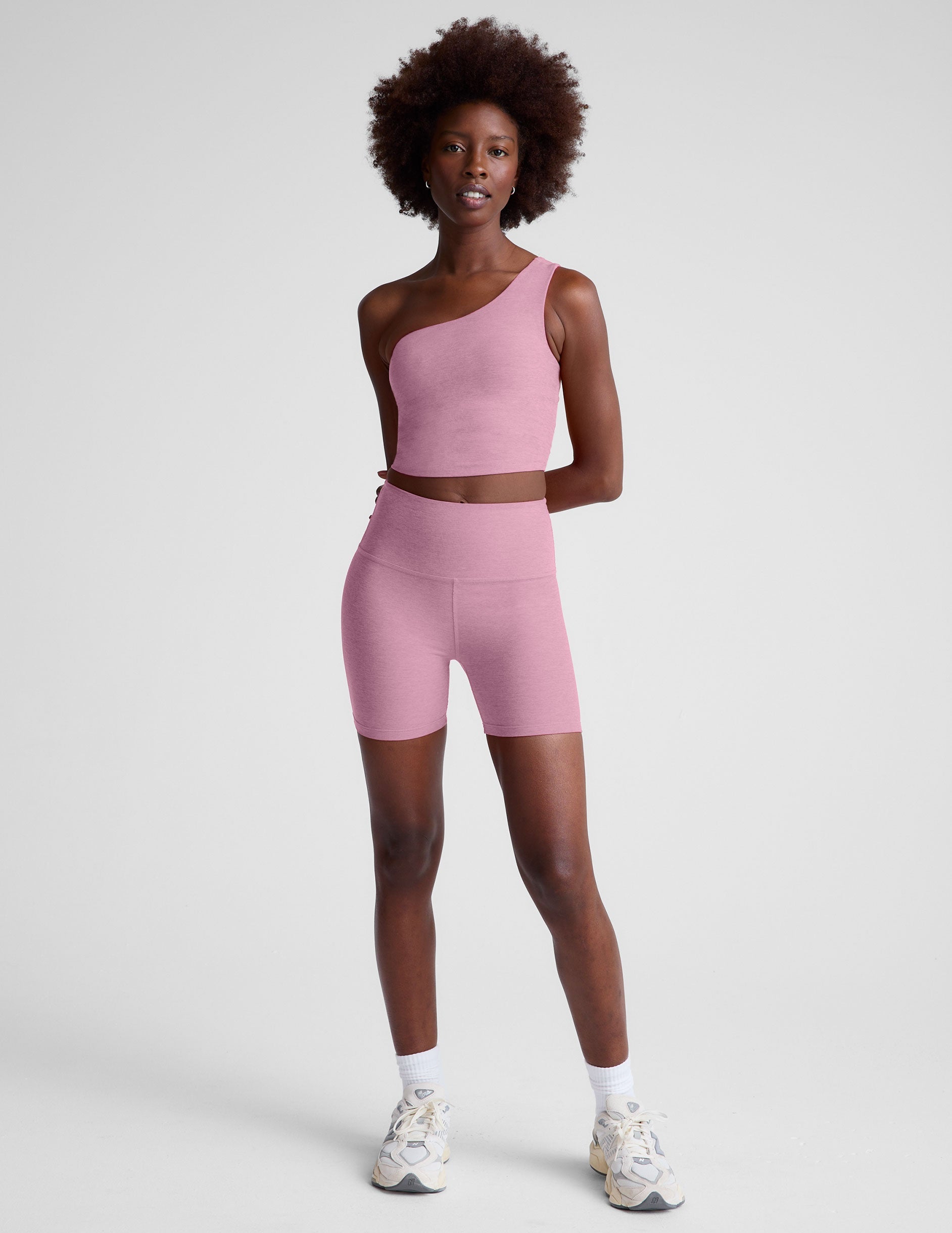 pink high-waisted 5" biker shorts. 
