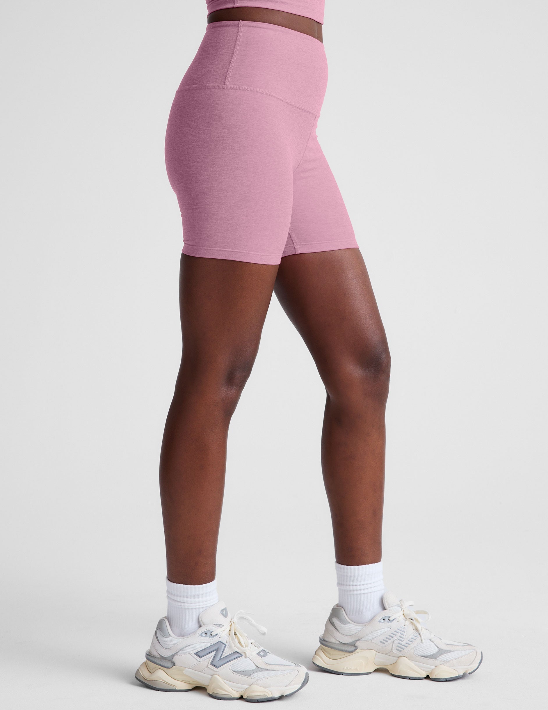 pink high-waisted 5" biker shorts. 