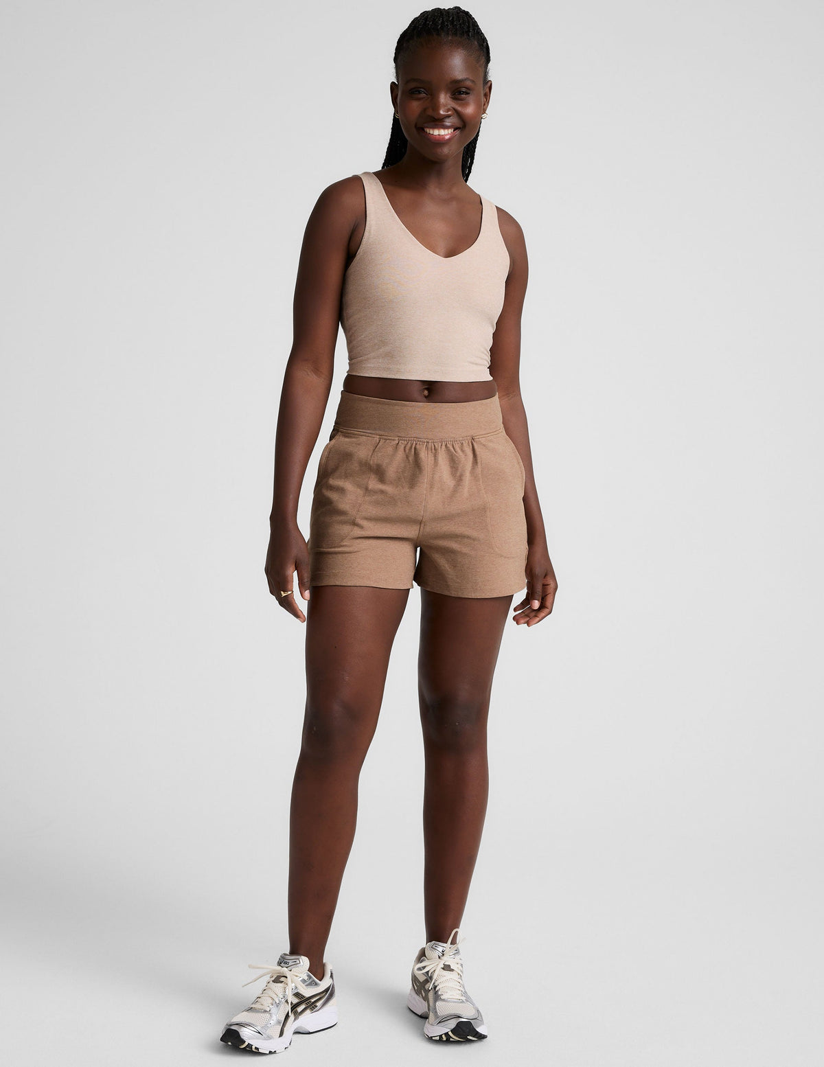 brown mid-rise 3" inseam shorts with pockets. 