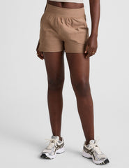 brown mid-rise 3" inseam shorts with pockets. 