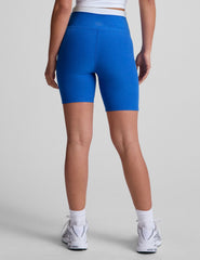 blue high-waisted biker shorts with a 5" inseam, waistband colorblock panels​, and
contrast piping detail on leg​.