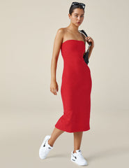red strapless midi length dress.