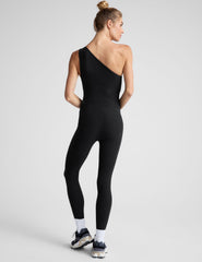 black midi one-shoulder midi length jumpsuit.