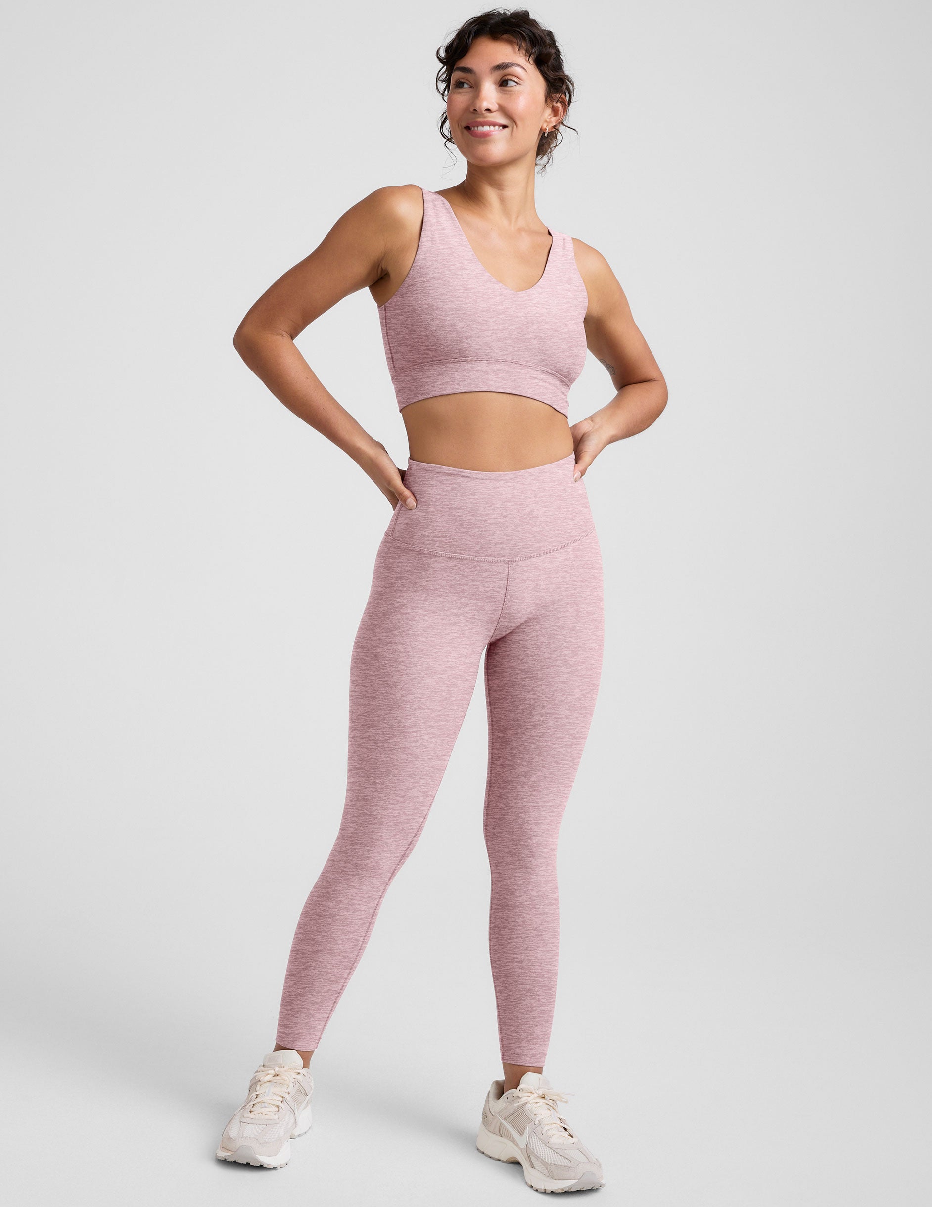 pink long line style bra with a front and back v-neck.